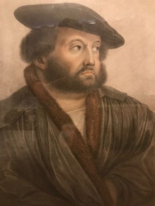 A framed late 18th-century stipple engraving portrait of Hans Holbein set within a mould-detailed dark and gilt wood frame. View XIV