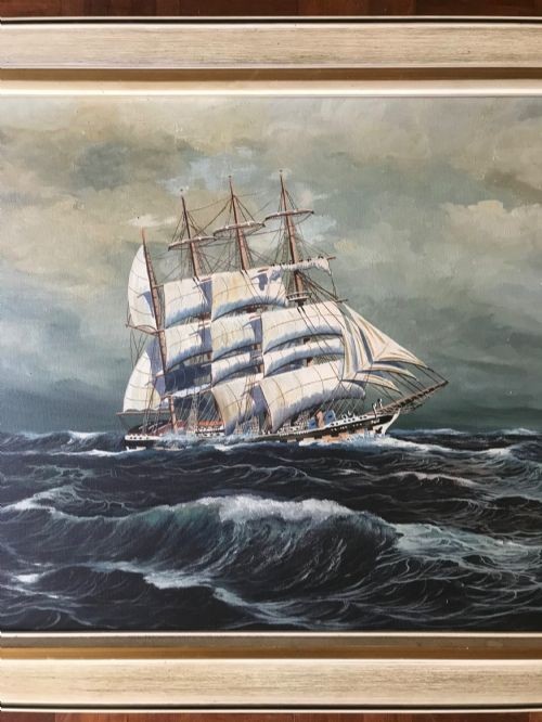 A framed horizontal oil painting depicting a three-masted sailing ship navigating stormy dark blue seas under an overcast sky. View III