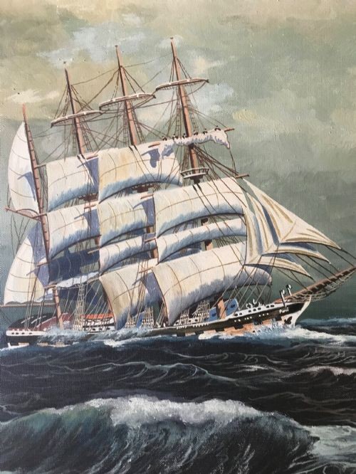 A framed horizontal oil painting depicting a three-masted sailing ship navigating stormy dark blue seas under an overcast sky. View IV
