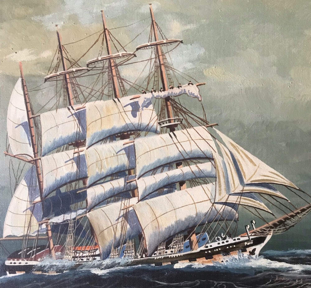 A framed horizontal oil painting depicting a three-masted sailing ship navigating stormy dark blue seas under an overcast sky. View VII
