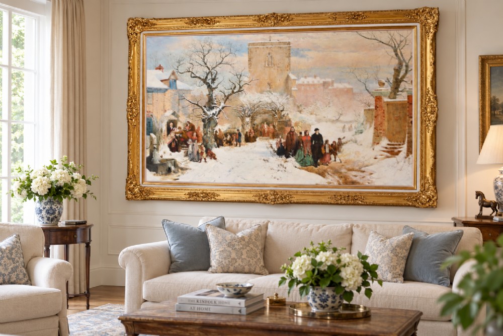 An ornate gilt-framed Victorian oil painting depicting a snow-covered village scene with figures walking past a stone church tower. View XV