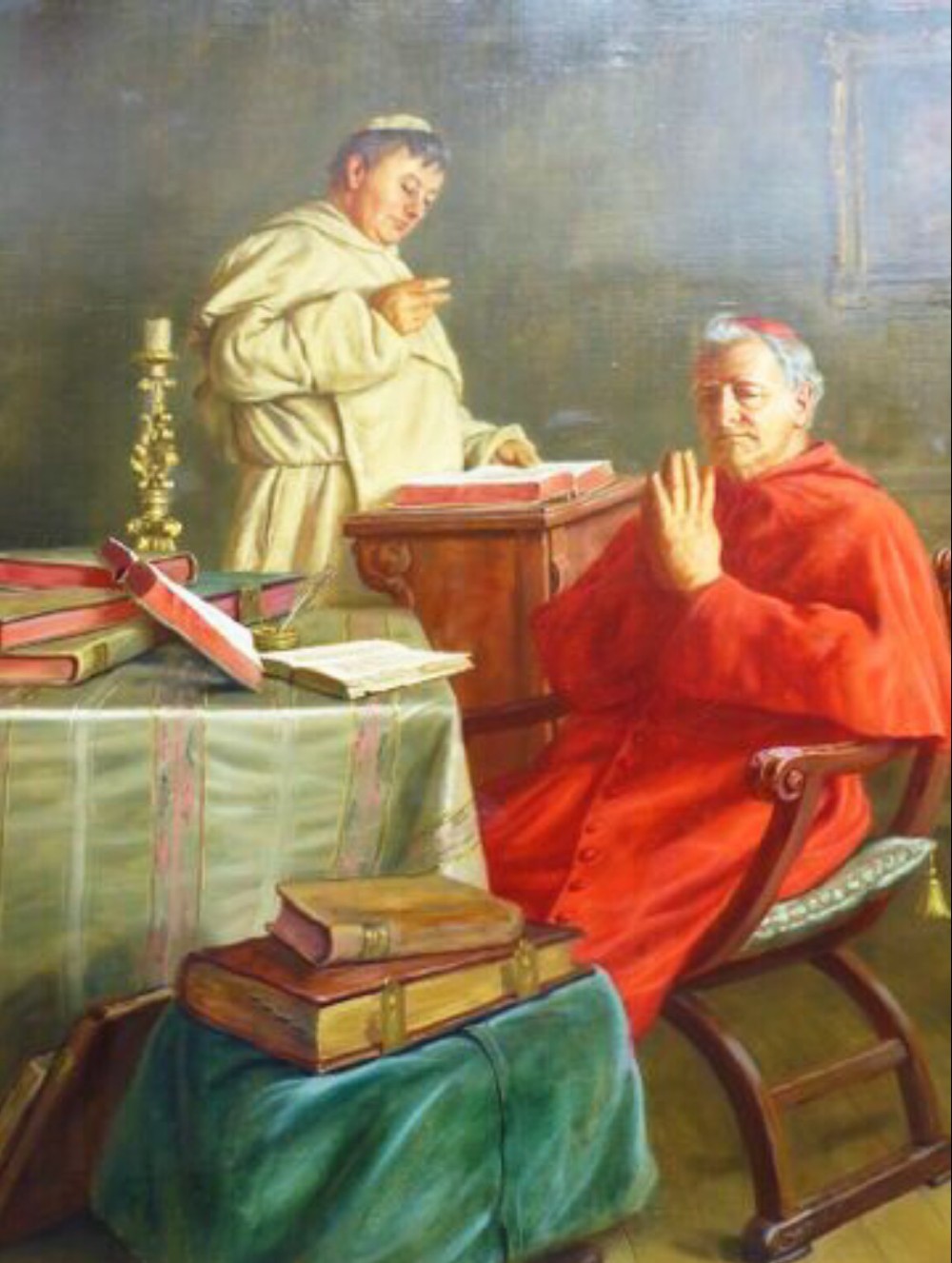 A 19th-century framed oil painting depicting a Vatican cardinal in red robes sitting in prayer beside a monk at a book-laden table. View III