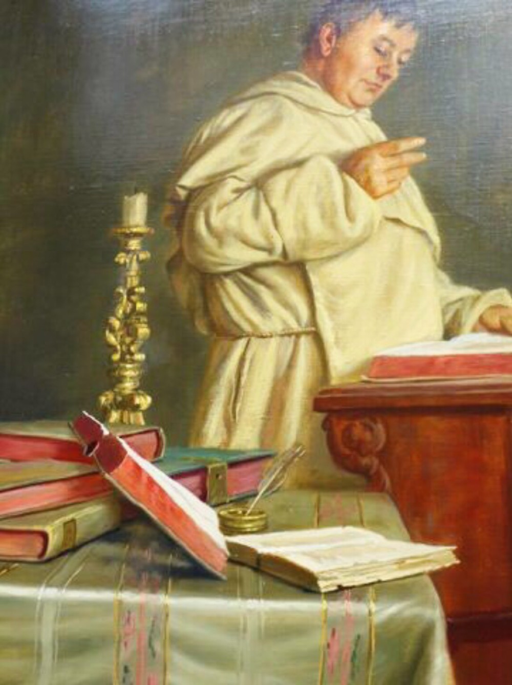 A 19th-century framed oil painting depicting a Vatican cardinal in red robes sitting in prayer beside a monk at a book-laden table. View VI