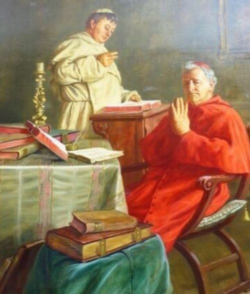A 19th-century framed oil painting depicting a Vatican cardinal in red robes sitting in prayer beside a monk at a book-laden table. View VIII