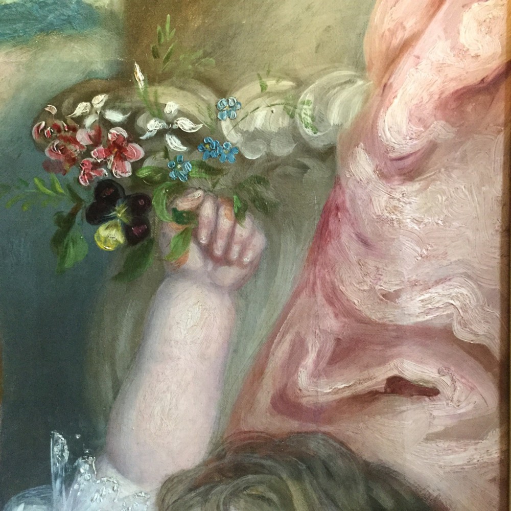 A 19th-century oil portrait on canvas depicting three young children in period clothing, presented inside an ornate gilded swept frame. View VIII