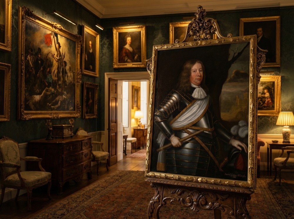 A 17th-century oil portrait depicting a nobleman in polished steel plate armour holding a baton, framed within an ornate carved gold leaf frame. View X