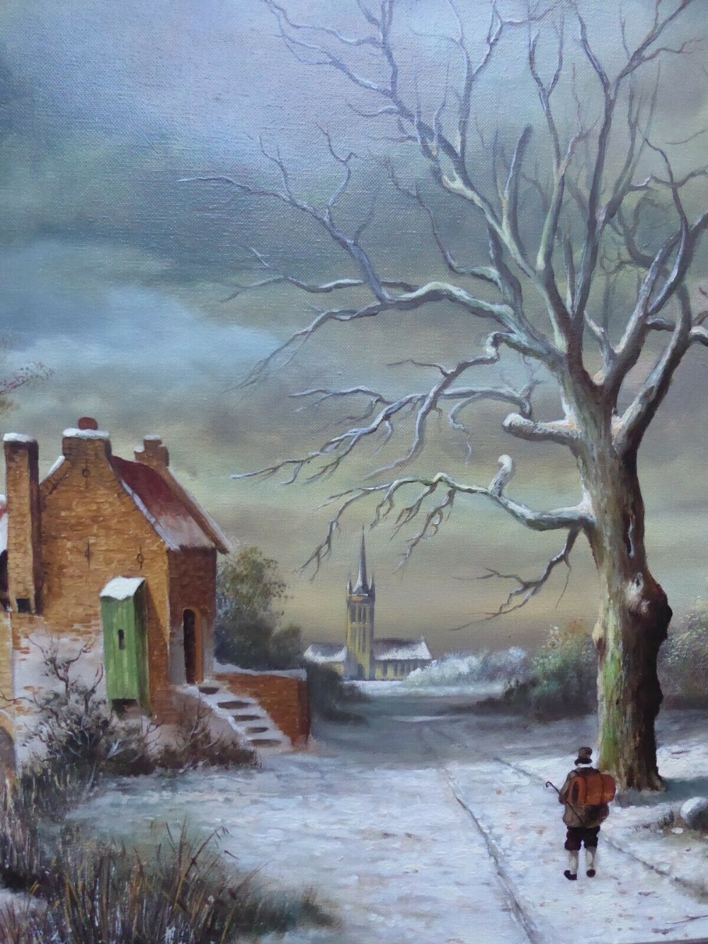 An oil painting on canvas depicting a snowy Dutch village landscape with figures, a brick tower, and bare trees, enclosed in an ornate gold gilt frame. View III