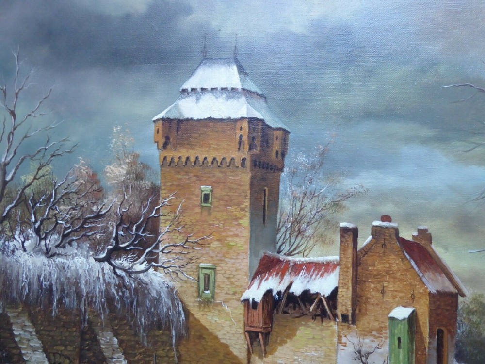 An oil painting on canvas depicting a snowy Dutch village landscape with figures, a brick tower, and bare trees, enclosed in an ornate gold gilt frame. View VIII