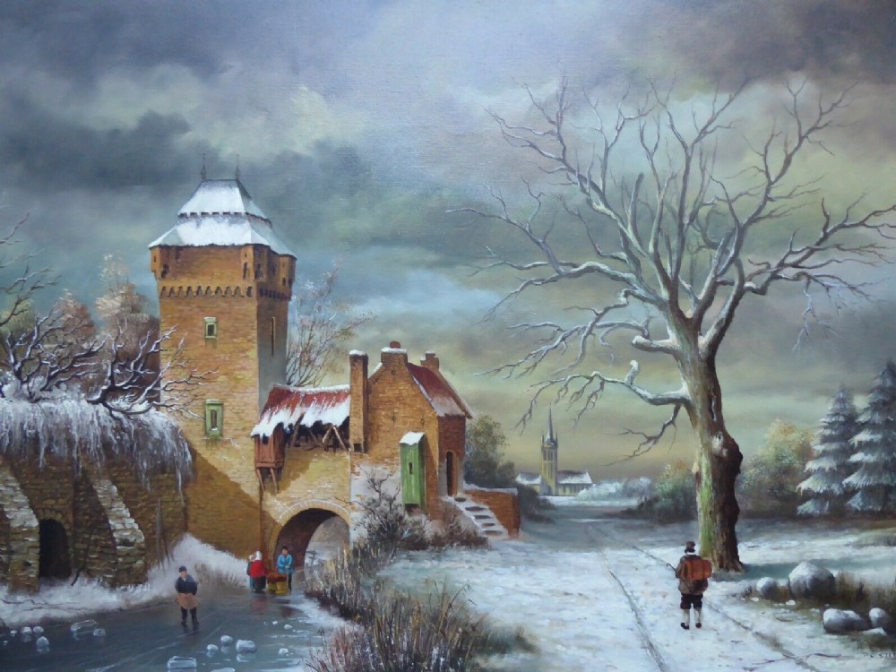 An oil painting on canvas depicting a snowy Dutch village landscape with figures, a brick tower, and bare trees, enclosed in an ornate gold gilt frame. View X