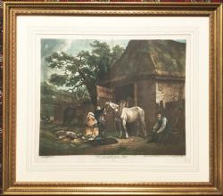 GEORGE MORLAND COLOURED MEZZOTINT FEEDING THE PIGS ENGRAVED BY IRSMITH