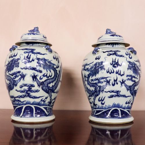 Pair of Late 19th Century Chinese Blue and White Jars and Covers