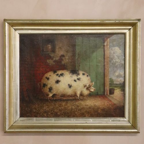 Late 19th Century Prize Pig Oil Painting