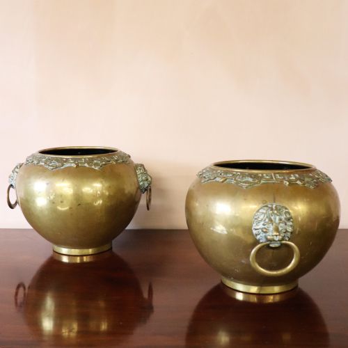Large Pair of Regency Style Chinoiserie Brass Jardinieres