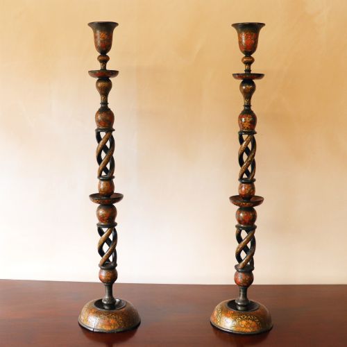 Unusually Tall Pair of Antique Kashmir Painted Candlesticks