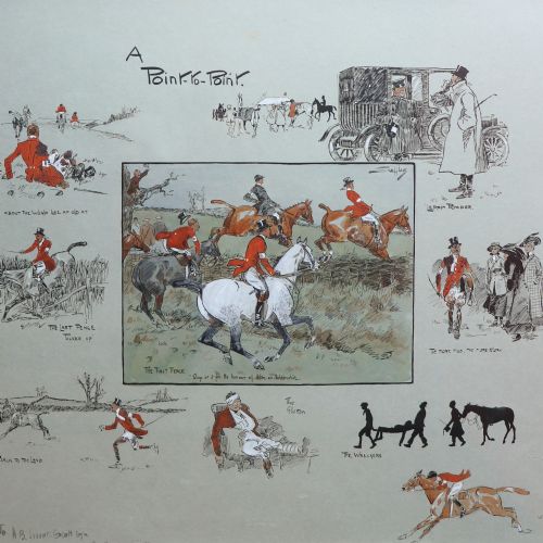 fig 1. A framed antique sporting print titled A Point-to-Point by Snaffles featuring multiple vignettes of equestrian riders and horses in a dark wood frame.