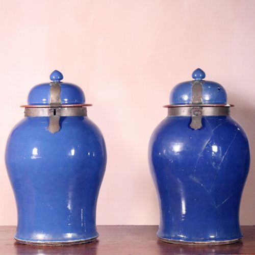 Large Pair of Late 18th Century Chinese Powder Blue Jars and Covers