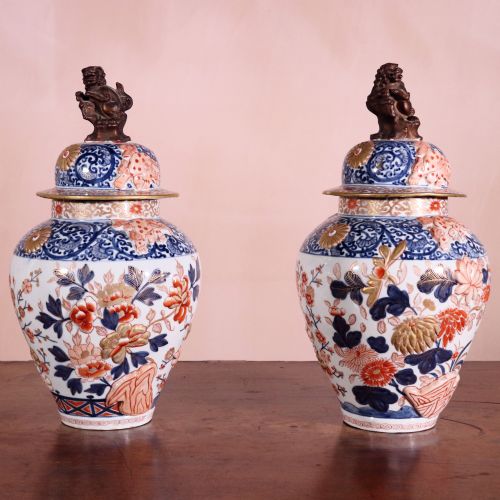 Pair of Antique Imari Pattern Jars and Covers