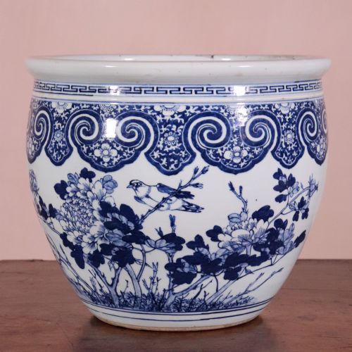 19th Century Chinese Blue & White Fish Bowl or Jardiniere