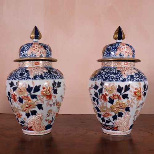 Pair of Antique Imari Pattern Jars and Covers