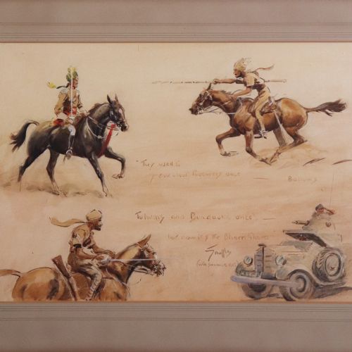 fig 1. A framed original watercolour painting by Snaffles depicting Indian cavalry riders on horseback alongside an early armoured vehicle on a light brown background.