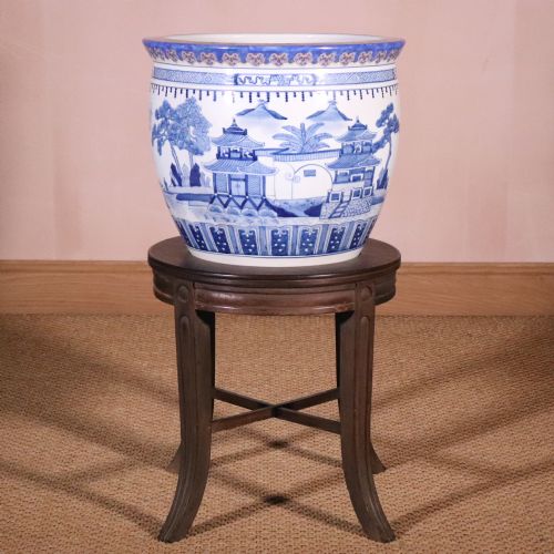 Chinese Blue & White Fish Bowl or Jardiniere on Stand