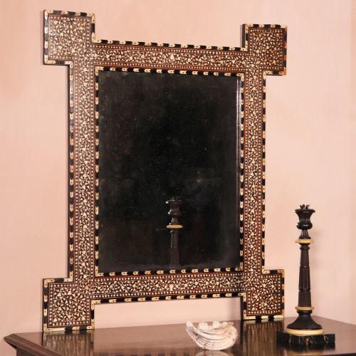 LARGE ANTIQUE INDIAN HOSHIARPUR SHISHAM IVORY INLAID WALL MIRROR - ADDITIONAL PHOTO 6