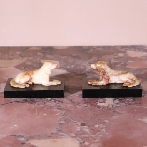 fig 1. Rare Pair of 19th Century Carved Derbyshire Alabaster Dogs by Bright And Sons