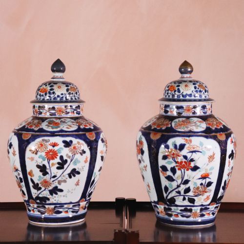 Pair of Early 18th Century Japanese Arita Porcelain Jars and Covers