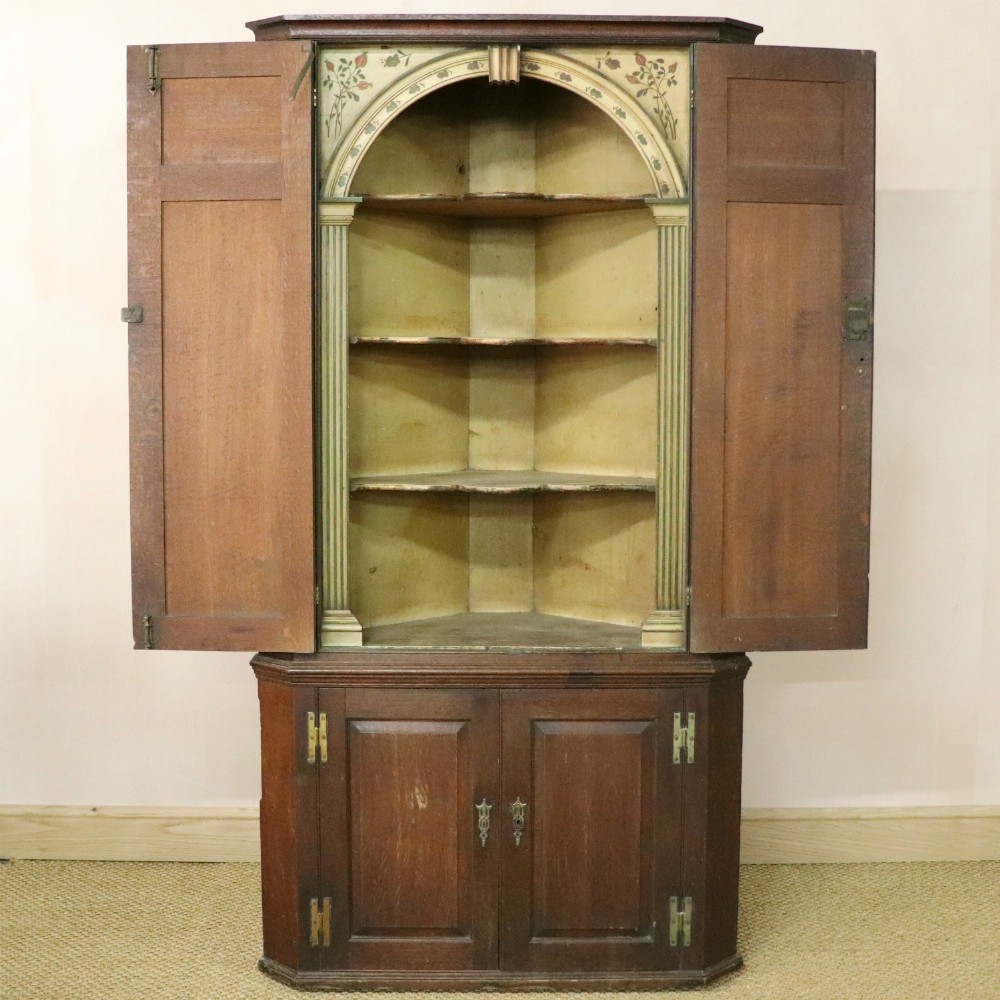 George III Oak Floorstanding Corner Cupboard with Painted Interior