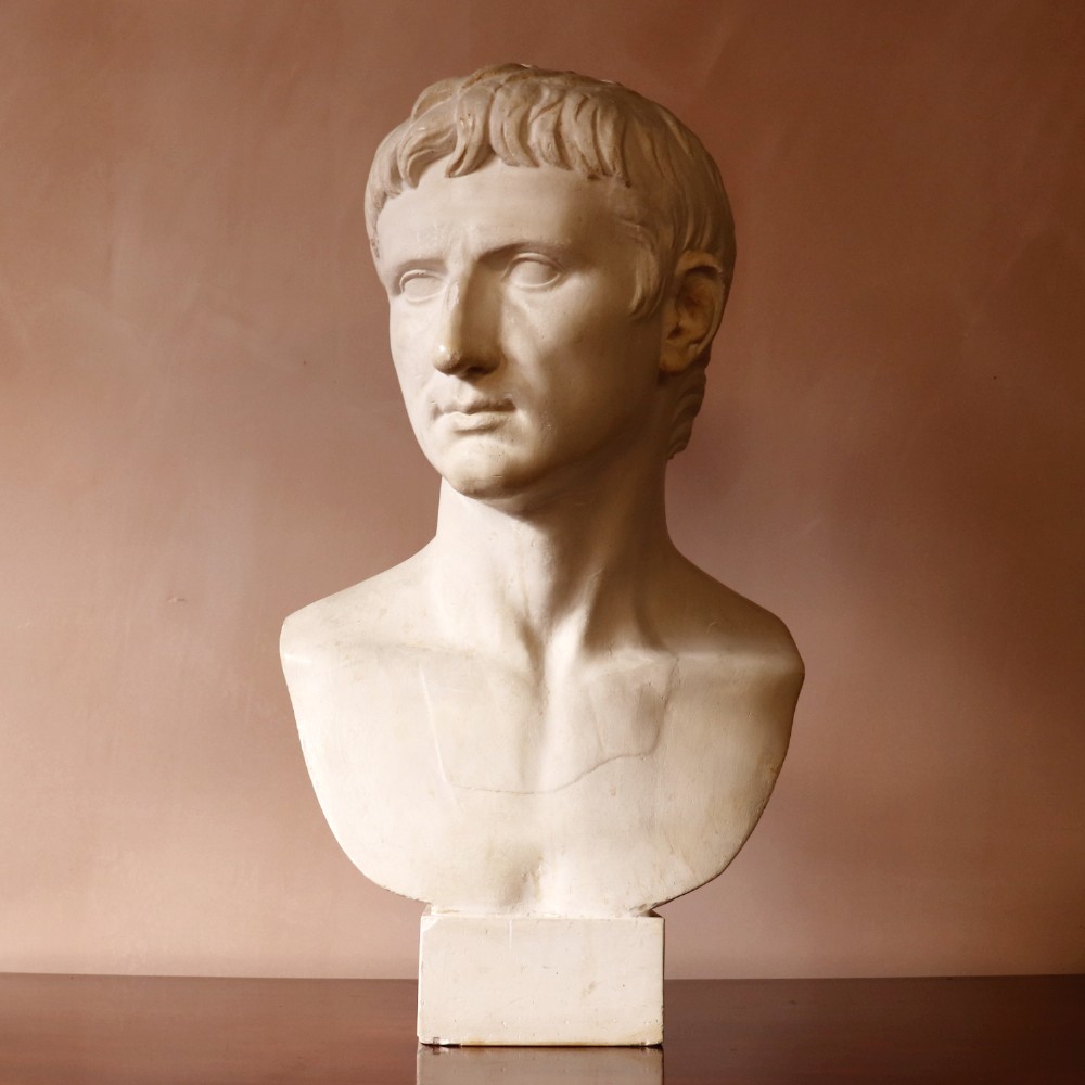 Large Antique Plaster Bust of Augustus Caesar