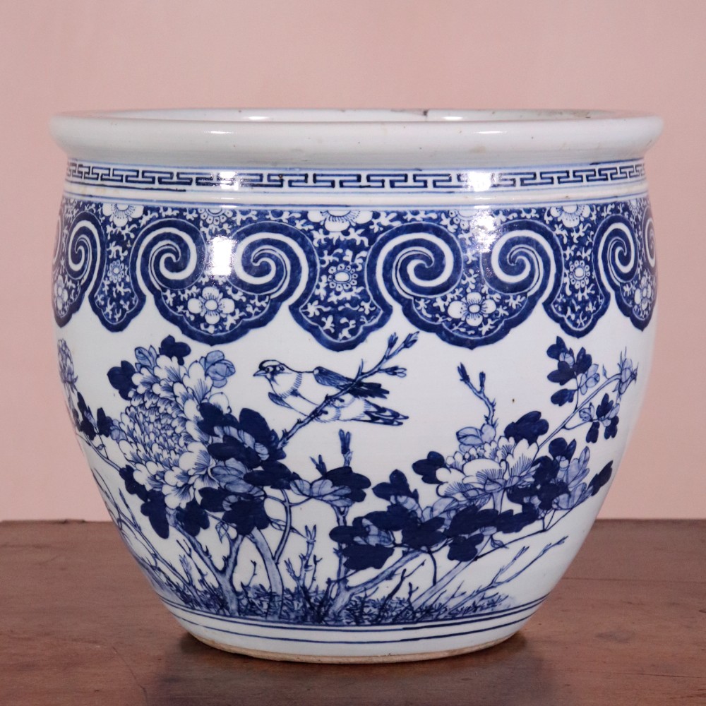 19th Century Chinese Blue & White Fish Bowl or Jardiniere