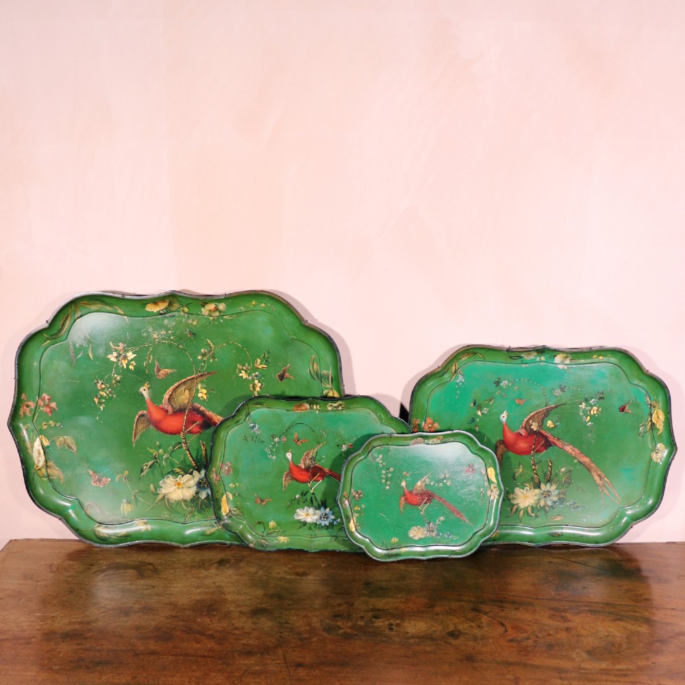 Set of Four Regency Apple Green Papier-mâché Trays by Jennens & Bettridge