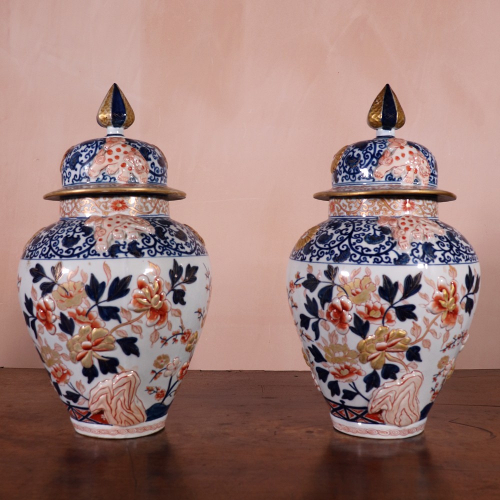 Pair of Antique Imari Pattern Jars and Covers