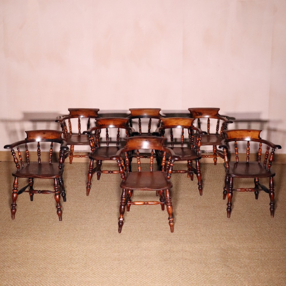 Rare Set of Eight Antique Nottinghamshire Yew Smokers Bow Kitchen Chairs