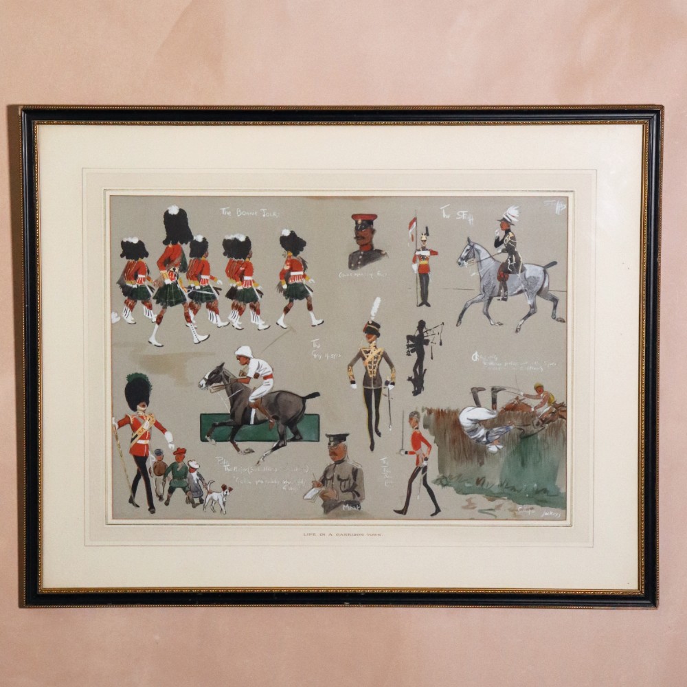 A framed antique watercolour illustration titled Life In A Garrison Town featuring several vignettes of British military personnel, Highland soldiers, and equestrian riders on a cream mat with a dark frame.