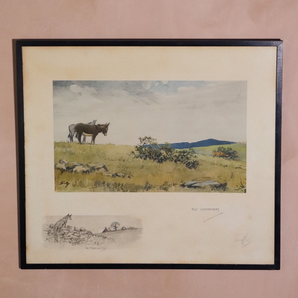 A framed antique Snaffles print titled The Informers depicting donkeys and a fox in a landscape with a secondary sketch in the lower mount.