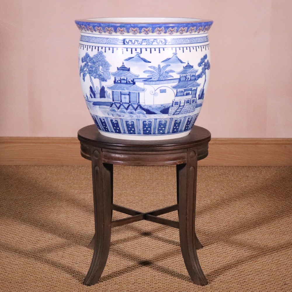 Chinese Blue & White Fish Bowl or Jardiniere on Stand