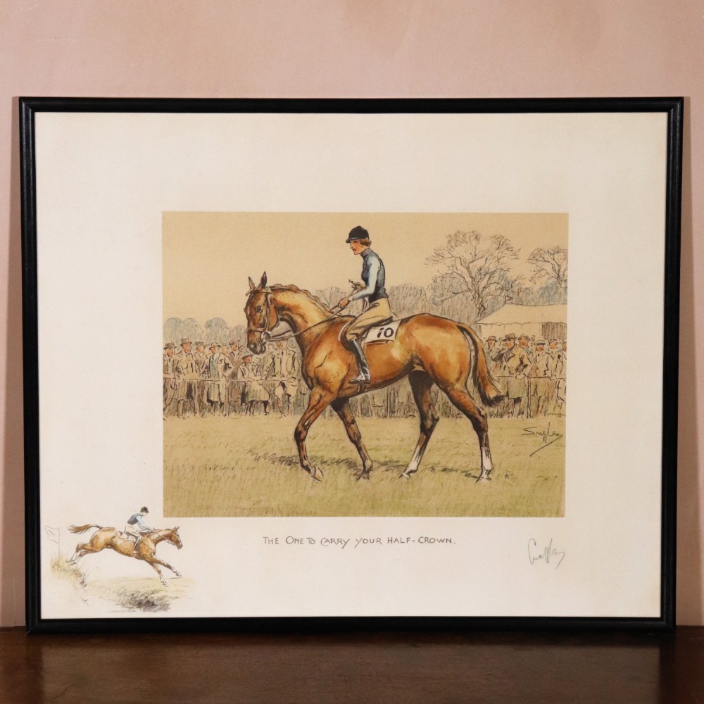 Framed equestrian print featuring a brown horse and rider depicted in profile against a crowd of spectators, with a secondary remarque illustration of a jumping horse in the lower margin.