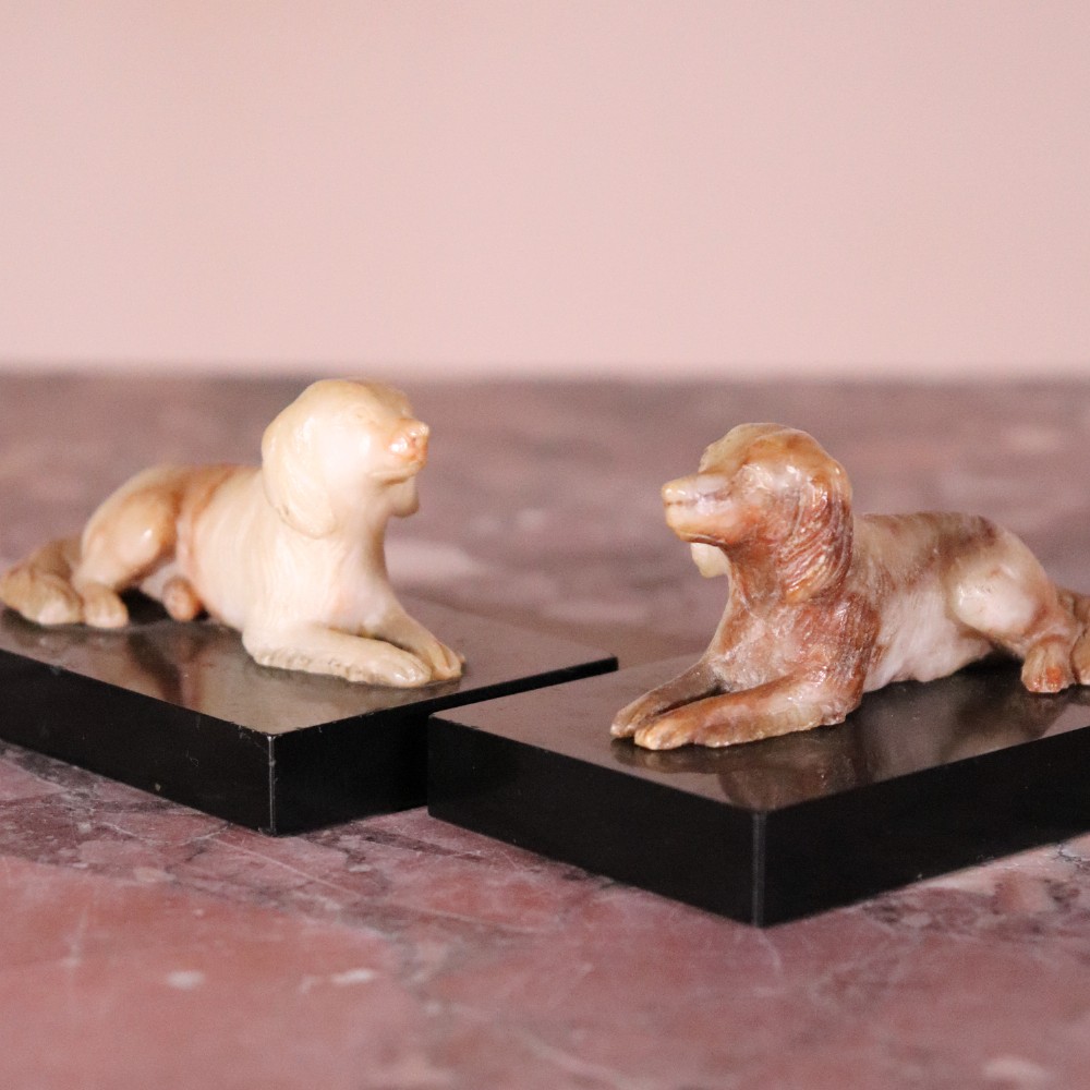 Rare Pair of 19th Century Carved Derbyshire Alabaster Dogs by Bright And Sons