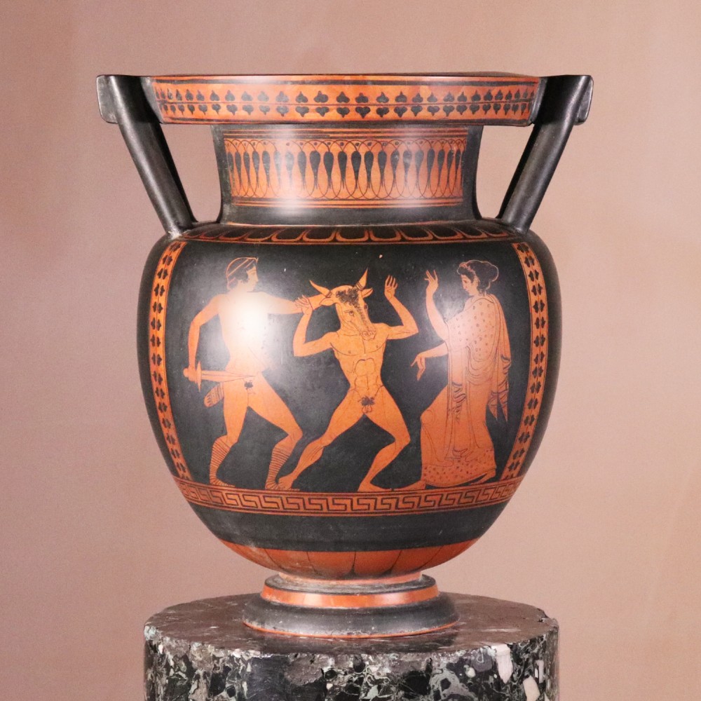 A Neoclassical terracotta column krater vase painted with black slip depicting figures from Greek mythology within geometric borders.