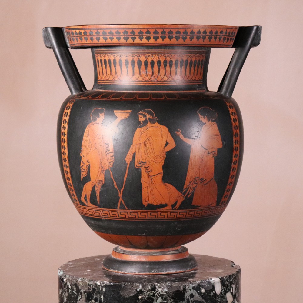A Neoclassical terracotta column krater vase painted with black slip depicting figures from Greek mythology within geometric borders. View II