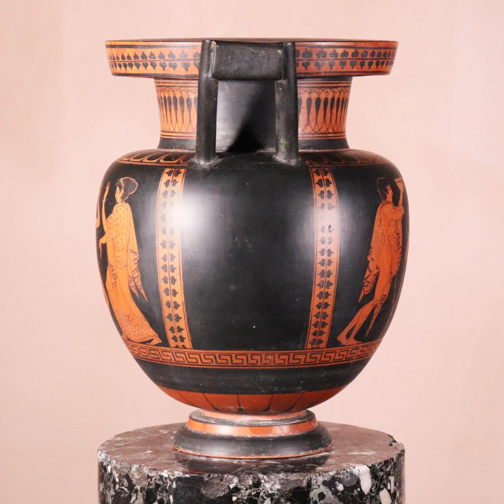 A Neoclassical terracotta column krater vase painted with black slip depicting figures from Greek mythology within geometric borders. View III