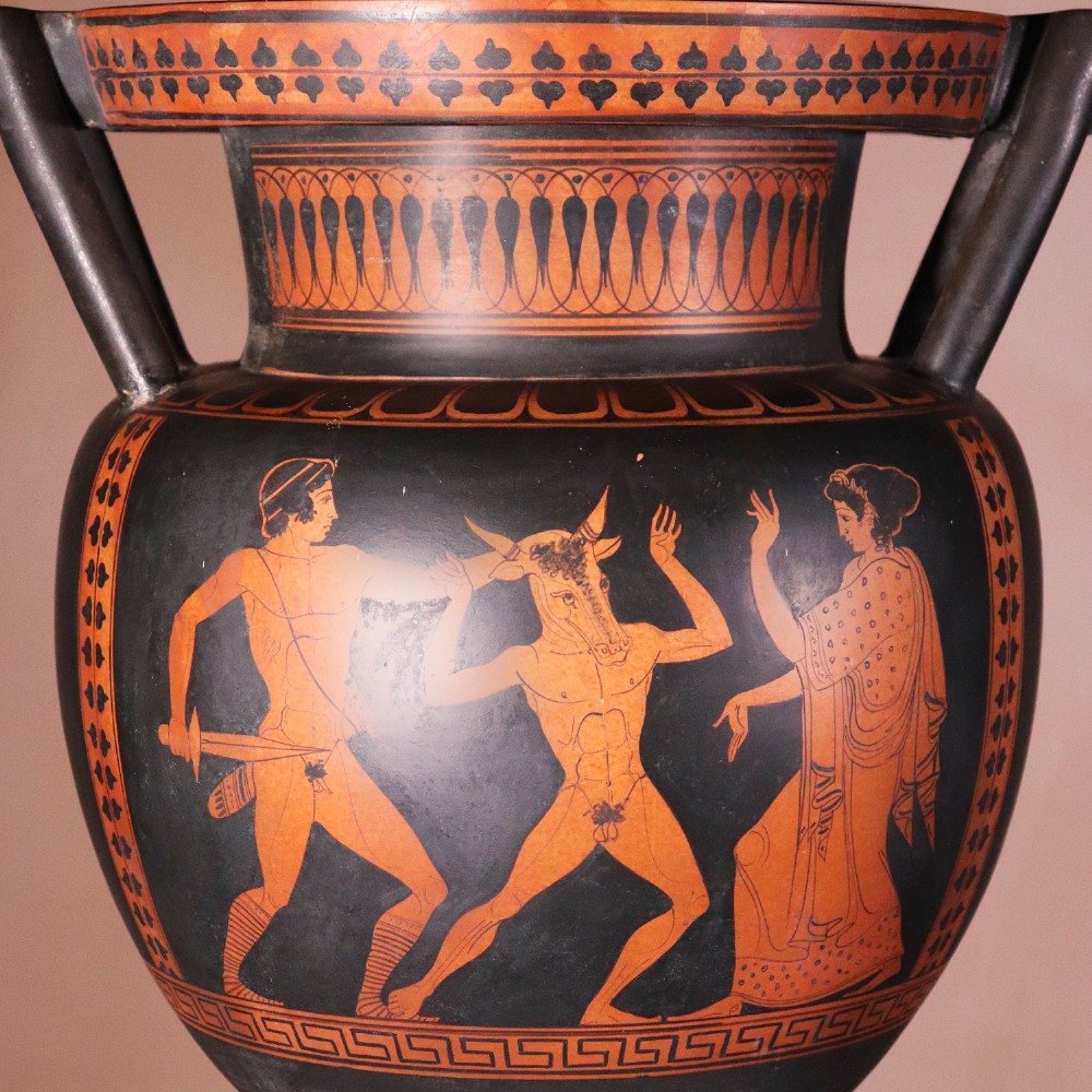 A Neoclassical terracotta column krater vase painted with black slip depicting figures from Greek mythology within geometric borders. View IV