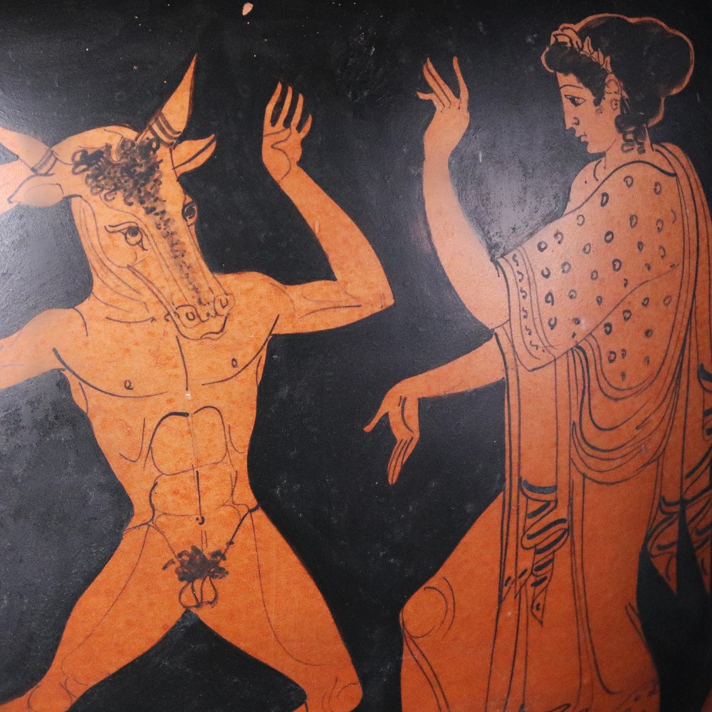 A Neoclassical terracotta column krater vase painted with black slip depicting figures from Greek mythology within geometric borders. View VI