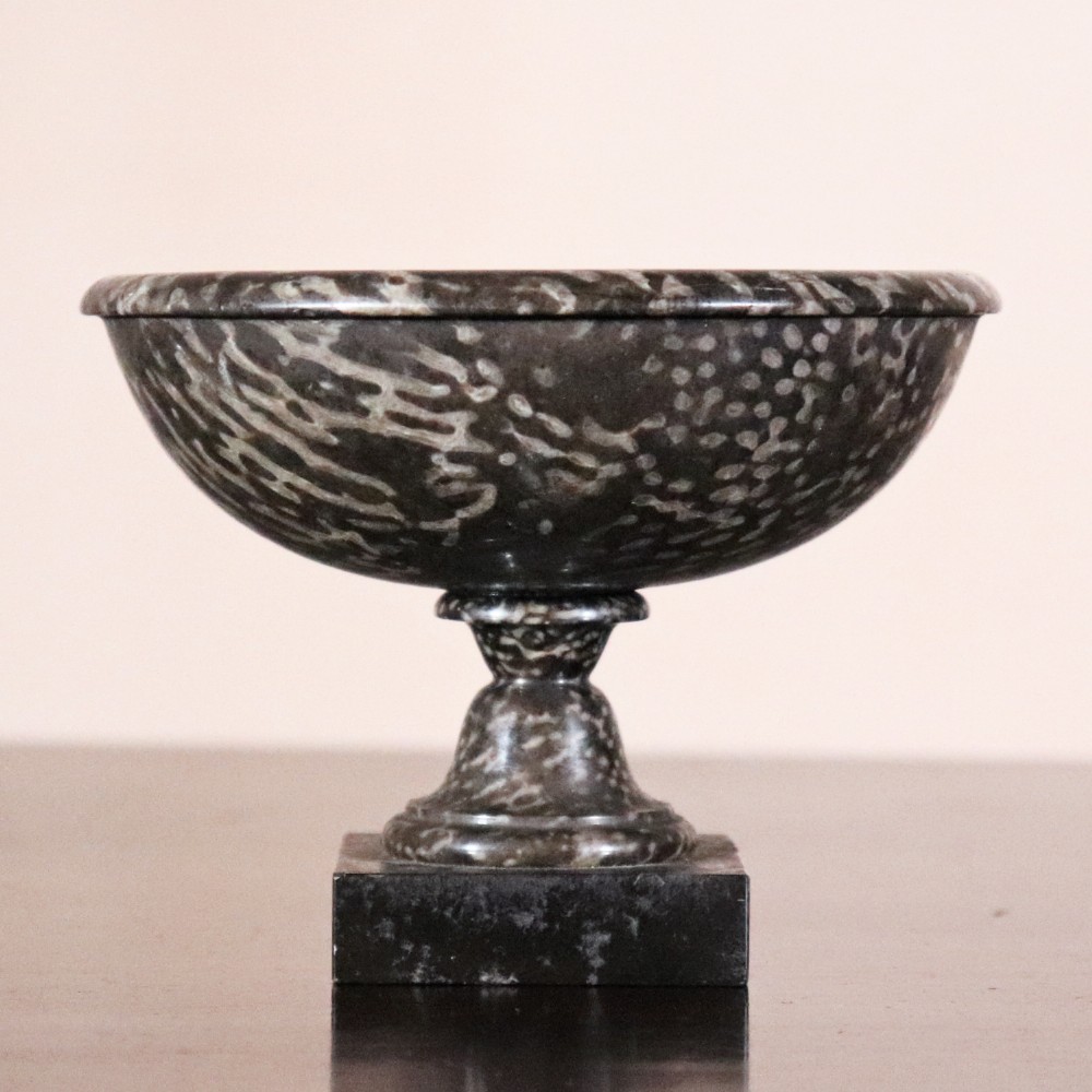 A small nineteenth-century tazza carved from dark Ashford coral marble with visible light fossil inclusions, featuring a shallow round bowl on a turned pedestal and square plinth base.