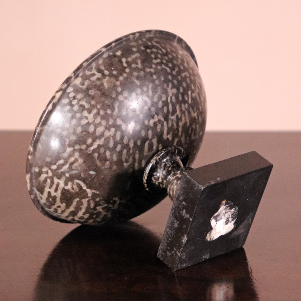 A small nineteenth-century tazza carved from dark Ashford coral marble with visible light fossil inclusions, featuring a shallow round bowl on a turned pedestal and square plinth base. View VIII