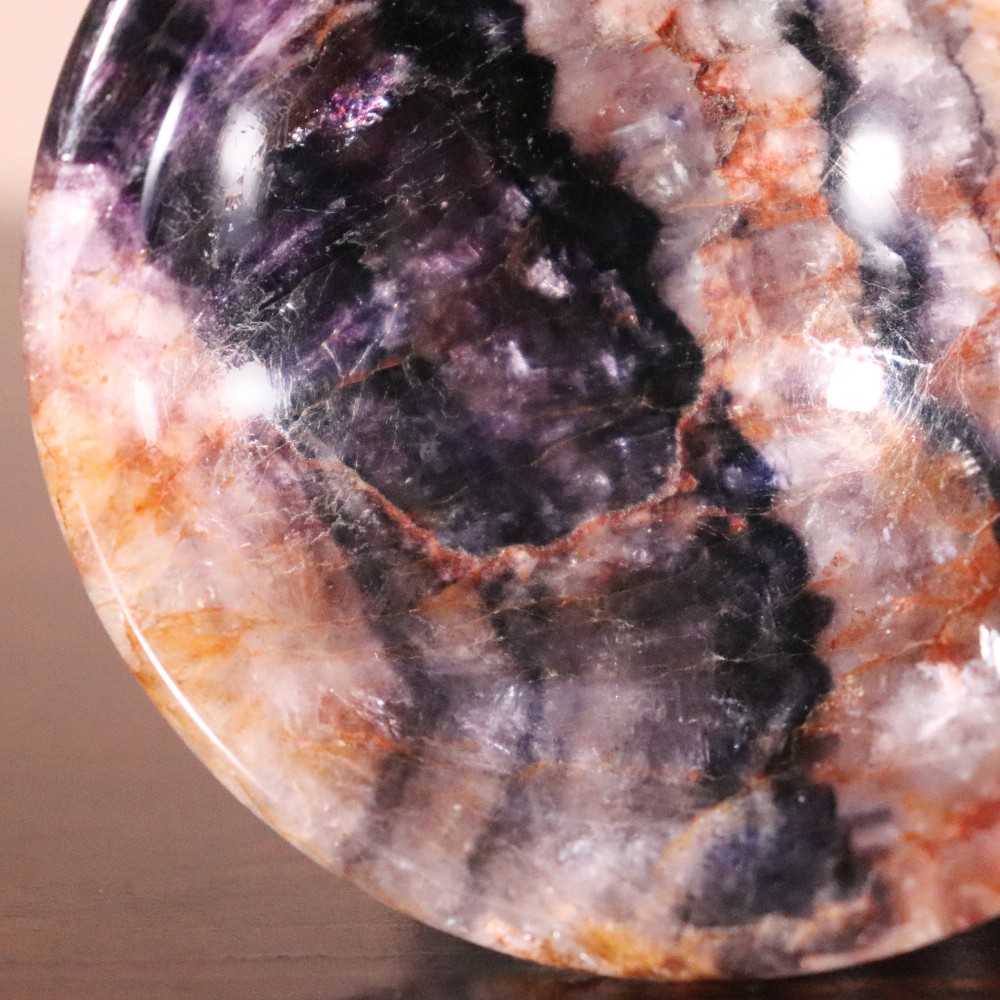 A small nineteenth-century tazza featuring a shallow turned Blue John bowl with purple and brown banding, set upon a black turned marble stem and square base. View VI