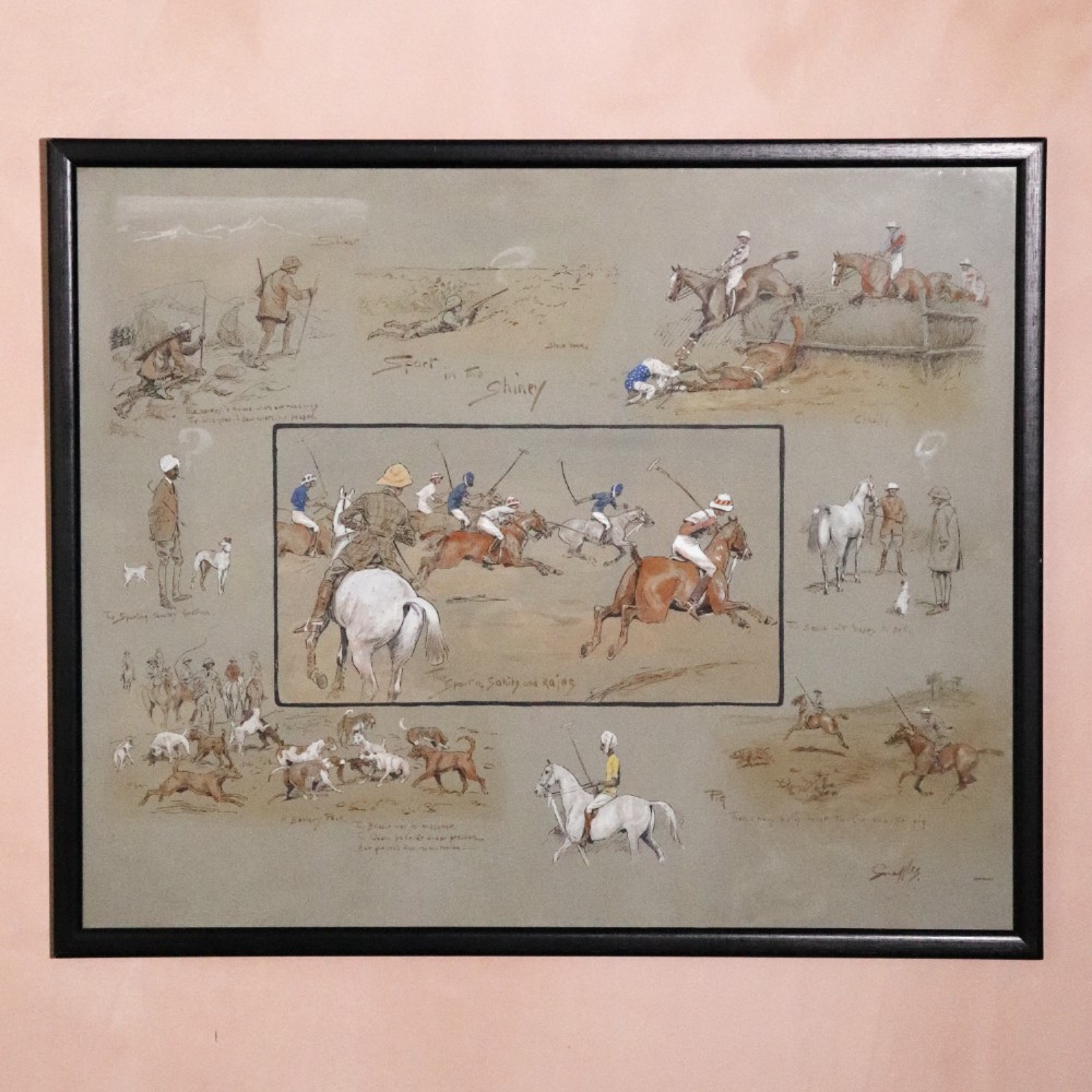 A black-framed antique equestrian print by Snaffles entitled Sport in the Shiney featuring multiple vignettes of polo matches and horse riding on a neutral background.
