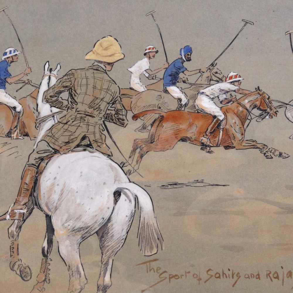 A black-framed antique equestrian print by Snaffles entitled Sport in the Shiney featuring multiple vignettes of polo matches and horse riding on a neutral background. View II