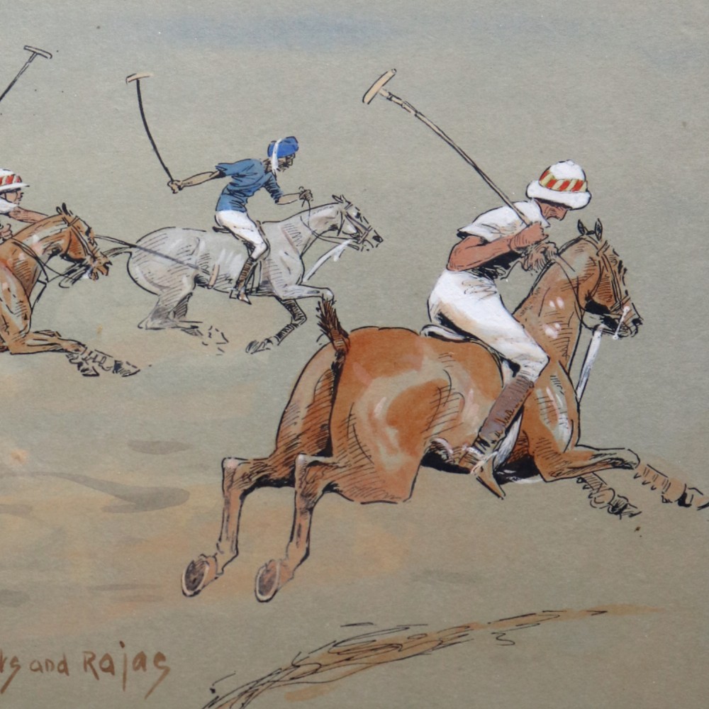 A black-framed antique equestrian print by Snaffles entitled Sport in the Shiney featuring multiple vignettes of polo matches and horse riding on a neutral background. View III